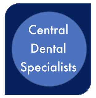 The image is a digital icon or logo with the text  CENTRAL DENTAL SPECIALISTS  in white capital letters on a blue circular background.