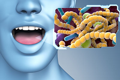 The image shows a 3D rendering of a human face with an open mouth, accompanied by a microscopic view of bacteria and viruses, suggesting a theme related to oral health or immune system.