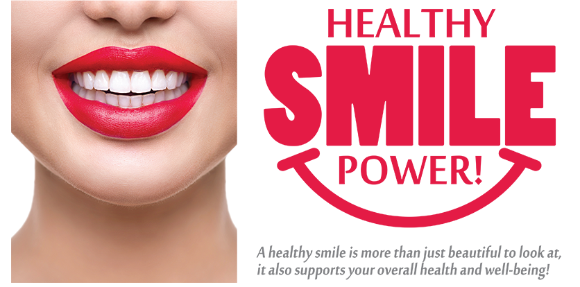 The image features a close-up of a person s face with red lipstick, and there is text overlay that reads  HEALTHY SMILE POWER  with additional text underneath.