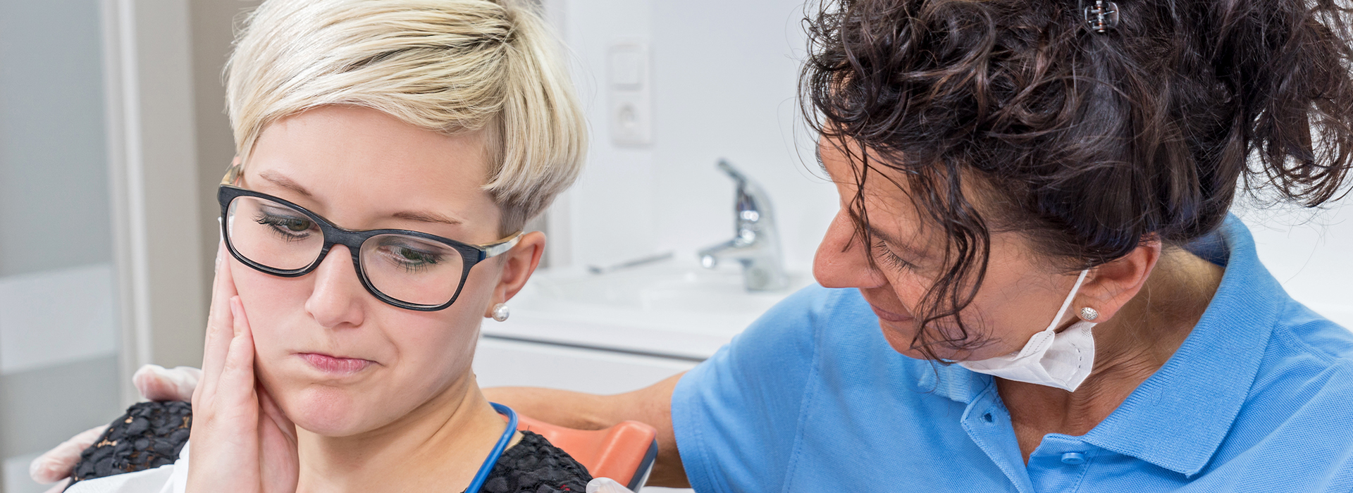 A split image of a woman getting her teeth cleaned by a dental hygienist, with the left side showing the patient and the right side showing the professional in action.