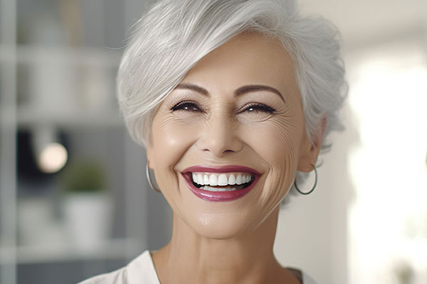 The image is a photograph of an older woman with short hair, smiling broadly. She appears to be indoors and is wearing makeup.